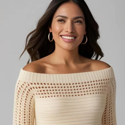 Boat-Neck Open-Stitch Sweater